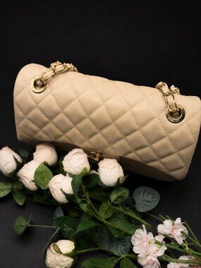 Beige Quilted Chain Shoulder Bag Classic Flap Style Gold Hardware
